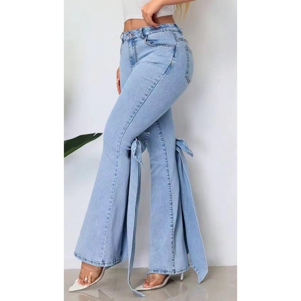 Casual Light Denim Flare Wide Leg Bow Jeans Coquette Feminine Boho Jeans XL - Picture 7 of 7
